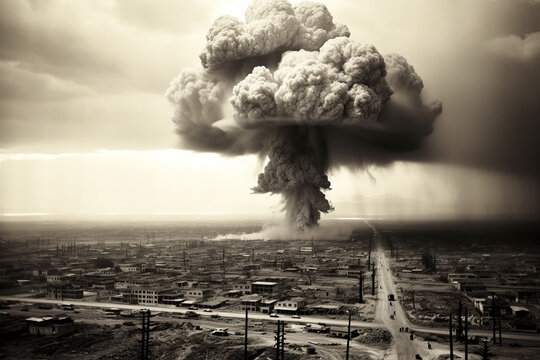Photorealistic ai artwork of an atomic explosion over a city. Generative ai.