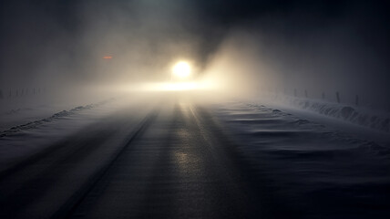 fog on a dangerous winter slippery road, a car with headlights in a risky climate cold and ice