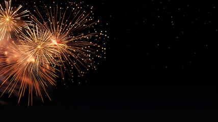 golden fireworks explosions on a black background frame festive fireworks in the dark - obrazy, fototapety, plakaty