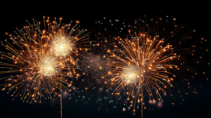 Golden fireworks isolated layer on black background, night festive view abstract