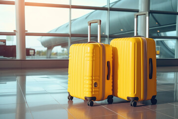 Two yellow plastic suitcases in airport
