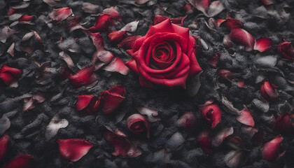 The petals of a red roses burns on top of a pile of ashes and embers.