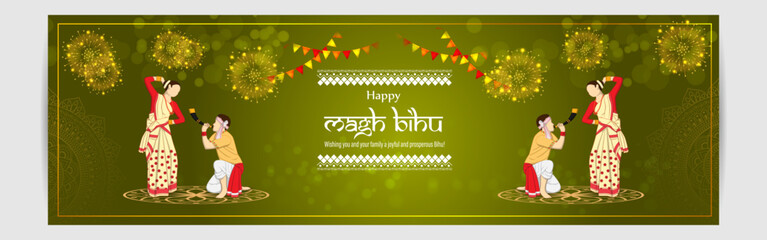 Naklejka premium Vector illustration of Happy Magh Bihu social media feed template