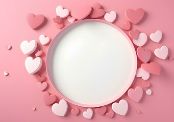 Valentines day background with pink hearts and round frame. 3d rendering