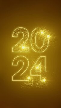 Vertical video animation - abstract neon light in gold-yellow with the numbers 2024 - represents the new year - holiday concept.