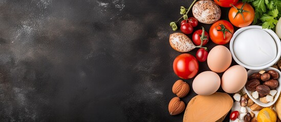 Top view of natural healthy chromium-containing food sources: egg, tomato, cocoa, grape, bread,...