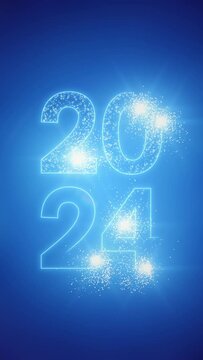 Vertical video animation - abstract neon light in blue with the numbers 2024 - represents the new year - holiday concept.
