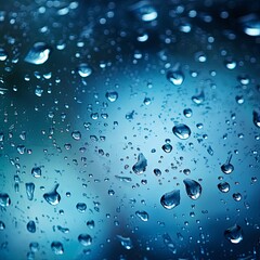 Water drops, raindrops on glass with blue bokeh background, abstract texture