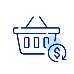 Shopping cart with return dollar arrow. Cash back and rewards symbol. Pixel perfect, editable stroke icon