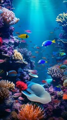 Tropical underwater with colourful fish coral and plants
