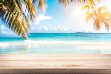 Wood table top on blurred blue sea and white sand beach background.