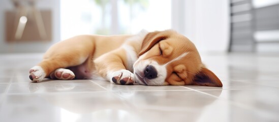Indoor puppy playing, cute pet sleeping on white tiles in house. Domestic animal.