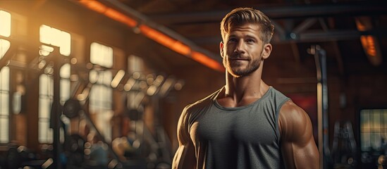 Fototapeta na wymiar Attractive man in gym doing sports therapy with dumbbells.