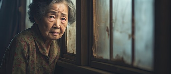 Elderly Asian woman, alone in room, peering out window.