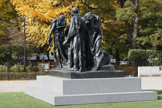 TOKYO, JAPAN - December 1, 2023: Rodin's The Burghers of Calais in the garden in front of the National Museum of Western Art in Tokyo's Ueno area. 