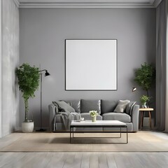 "Minimalist Chic: Grey Wall, Crisp White Couch, and Botanical Touch"
