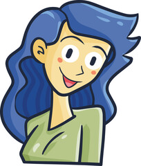 Beautiful blue hair woman with green shirt smiling cartoon illustration