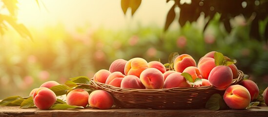 Peach orchard harvest in summer or autumn. Fresh, organic, and healthy fruit from gardening agriculture. Eco-friendly harvest of organic food.
