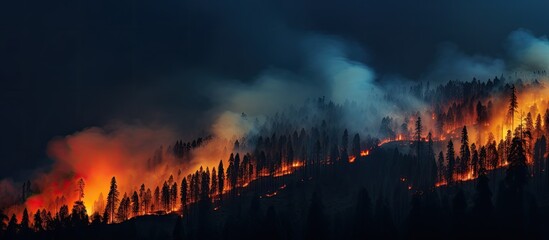 Mountain forest wildfire photographed at night.