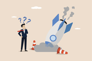 Businessman with plans and falling rocket. Business failure, technical error, wasted effort, startup failure.