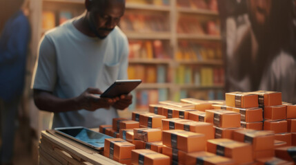 African american man using digital tablet in book store, blurred background