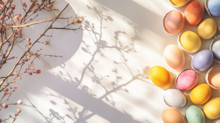 Easter eggs in pastel colors on a white background with shadows.