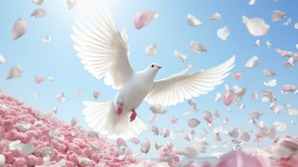 Fototapeta premium White dove flying in the blue sky with pink petals.