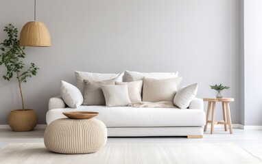 Naklejka premium Scandinavian home interior design of modern living room. Knitted pouf, fabric sofa with blanket and pillows