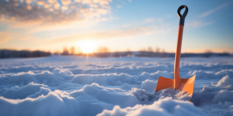 Evening descends on a snowy landscape, an orange shovel stands against the twilight - obrazy, fototapety, plakaty
