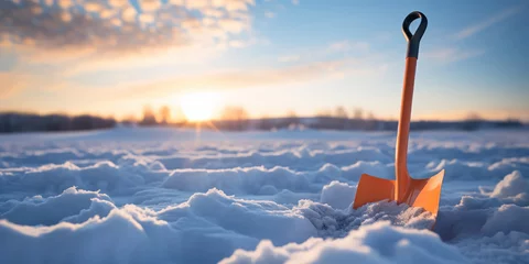 Poster Evening descends on a snowy landscape, an orange shovel stands against the twilight © PRI