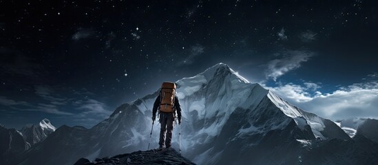 Climber ascends snowy mountain at night under starry sky. - obrazy, fototapety, plakaty