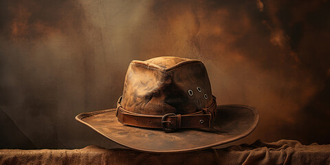 Weathered leather hat hangs on a peg, suggesting tales of adventure and the great outdoors - obrazy, fototapety, plakaty