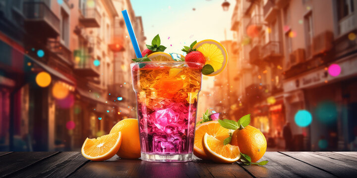 Vibrant juice drink poster, its fresh and colorful design set against the backdrop of a bustling city street