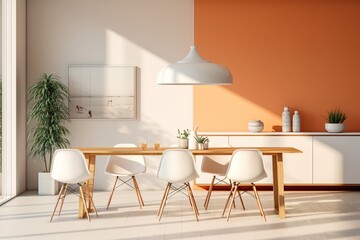 Dining room with orange and white walls, light, marble floor, table and chairs. Create with Ai