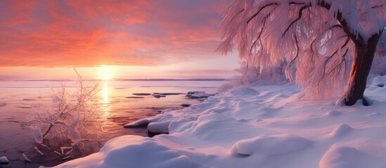 Winter sunset on a Gulf of Finland island. - obrazy, fototapety, plakaty
