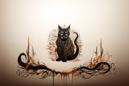 dessin stylis&eacute; d'un chat, dans le style des calligraphies perses anciennes, m&eacute;langeant pri&egrave;res religieuses, calligraphie et dessin animalier bestiaire. Chat noir sur fond beige cr&egrave;me. 