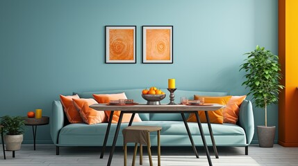 Modern living room with blue walls, frames, blue sofa and wooden table. Created with Ai