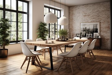 Luxury and modern dining room with wooden table, white chairs and white lights. Created with Ai