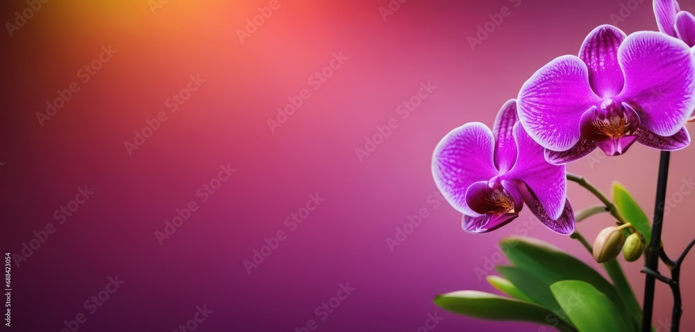 Sticker  a close up of a purple flower with green leaves on a purple and pink background with a blurry light in the background.