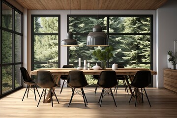 Modern dining room with wooden floor, black chairs, wooden table and large window. Created with Ai