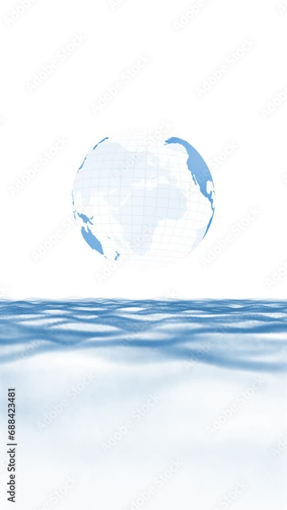 Poster slow motion artistic waves with loop earth globe on white vertical background.