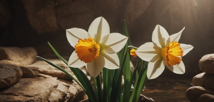  two yellow and white daffodils in front of some rocks and a body of water on a sunny day.