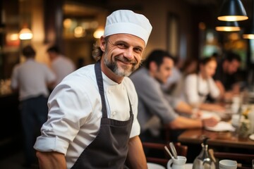 Smiling Chef in White Hat Poses in Bustling Restaurant

