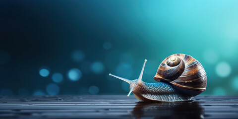 Against a backdrop of aged metal, a snail with a striking azure shell makes its slow journey