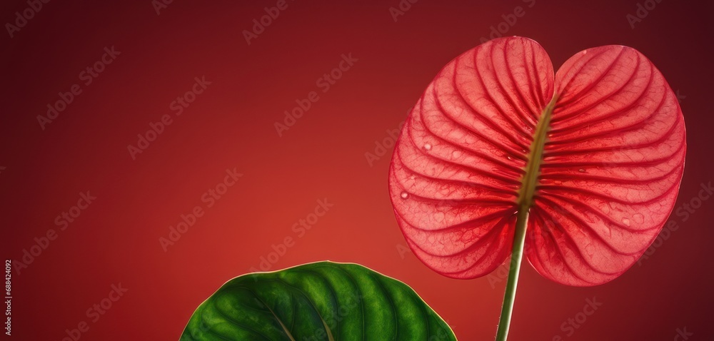 Poster a close up of a pink flower with a green leaf in the foreground and a red background in the backgrou