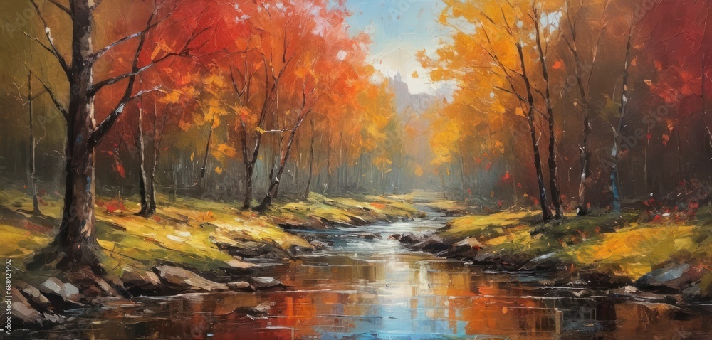 Poster a painting of a stream running through a forest filled with orange trees and yellow grass on both si