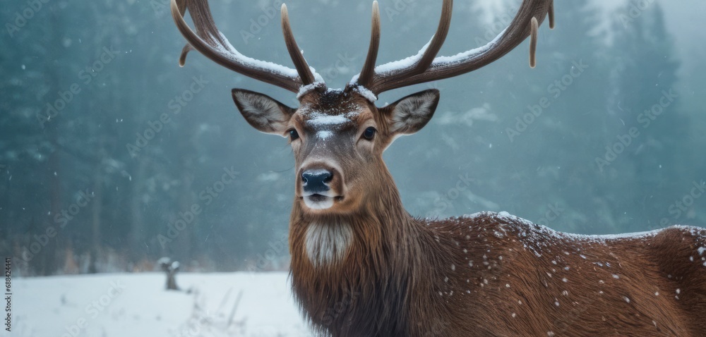 Poster a close up of a deer in a snow covered field with trees in the back ground and snow on its antlers.