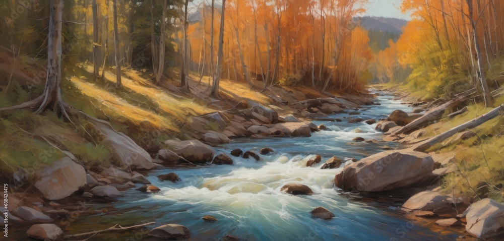 Poster a painting of a river running through a wooded area with rocks and trees in the foreground and a hil