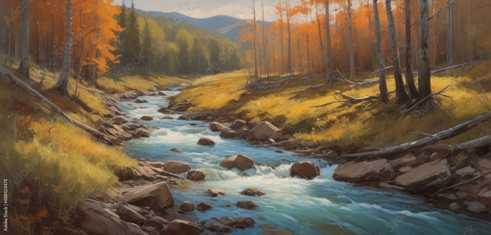Poster  a painting of a stream running through a forest with rocks and trees in the foreground and a mountain range in the background.
