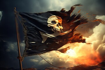 robber hacker style mystery dark light rays sun sky cloudy symbol pirate jack calico wind waving flag skull texture fabric old grunge tear ripped